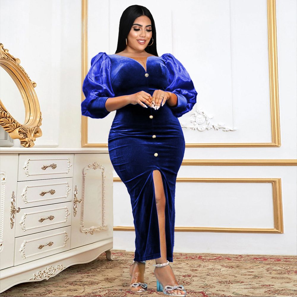 Dammekleeder Plus Size Kleed mat Laternenärmelen Schlitz Neit Hierscht Liicht Kleed fir reife Leit V-Ausschnëtt Vintage Kleed_voghion.com