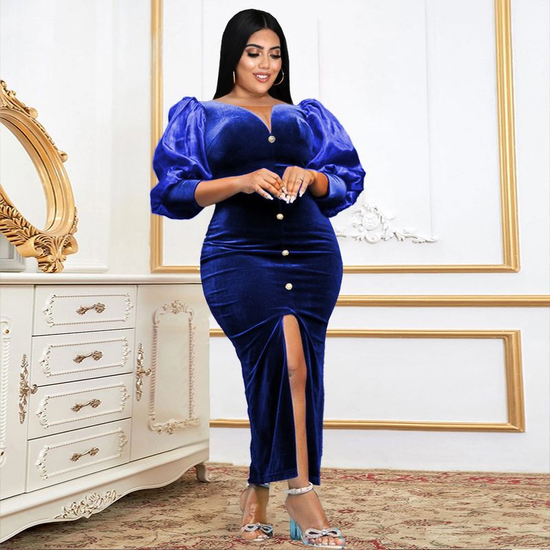 Robe fendue à manches lanternes grande taille pour femme Nouvelle robe d'automne légère à col en V de style mature robe vintage_voghion.com