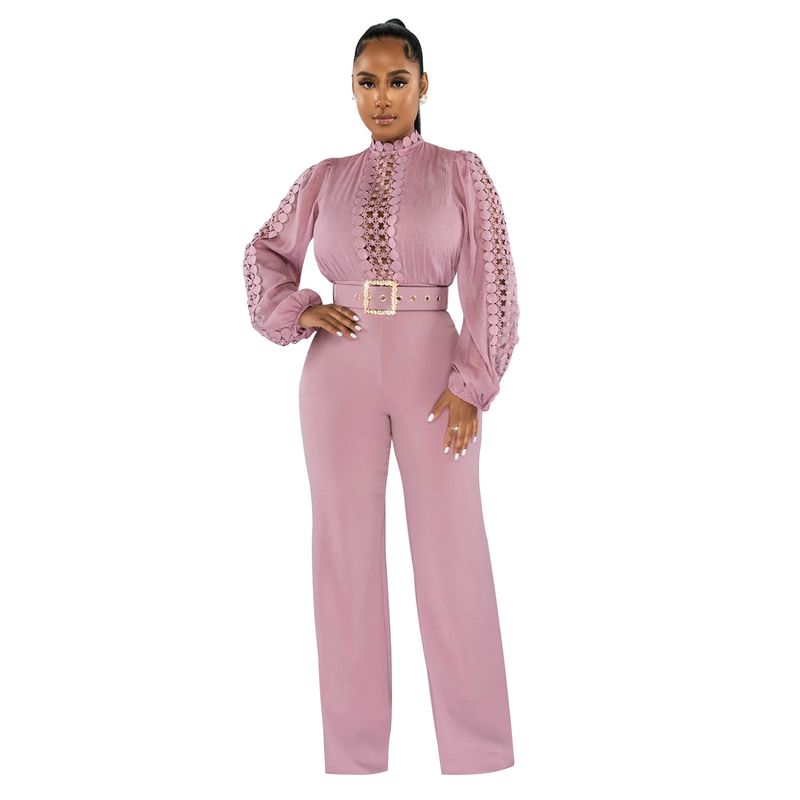 fashion women's belt lace hollow solid color long-sleeved trousers jumpsuit_voghion.com