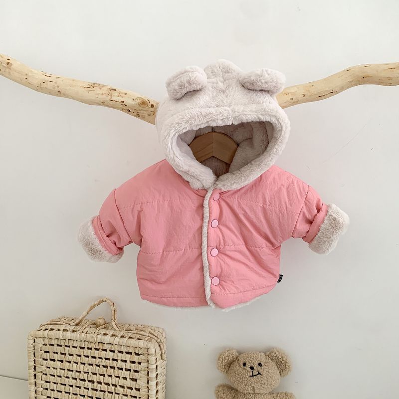 Babykleding voor kinderen, heren en dames, neutrale dikke effen kleur top, warme casual mode beerjas met capuchon, winter_voghion.com