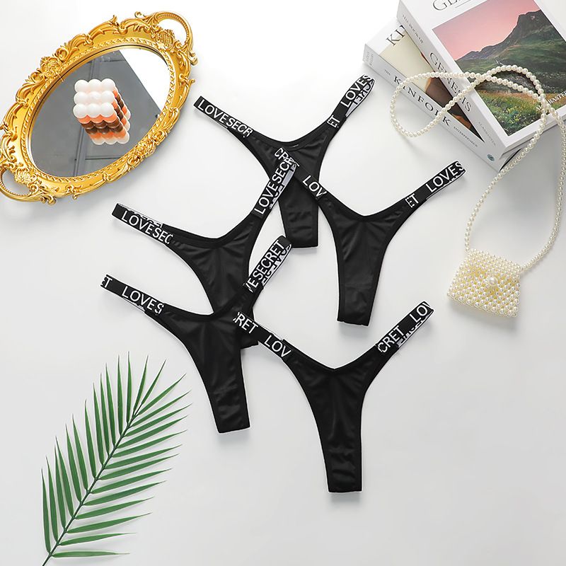 Ropa interior sexy para mujer, nueva combinación de tanga de color sólido, cintura baja, letras, bragas negras_voghion.com