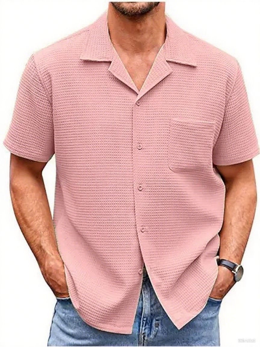 New Products Men's Summer Suit Collar Solid Color Short Sleeved Waffle Men's Shirt_voghion.com