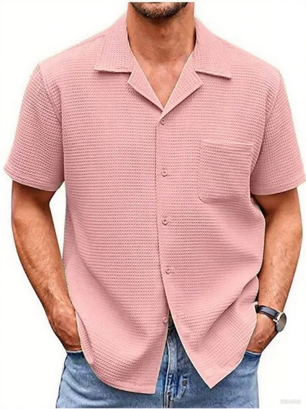 New Products Men's Summer Suit Collar Solid Color Short Sleeved Waffle Men's Shirt_voghion.com