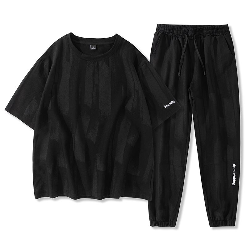 Zomerse sportkledingset voor heren - lichtgewicht T-shirt met korte mouwen en casual joggingbroek (zwart/blauw/grijs)_voghion.com