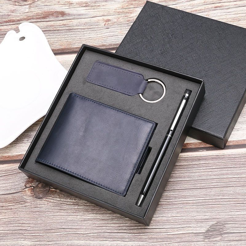 Conjunto de presente masculino Conjunto de carteira de couro genuíno masculino Carteira de couro de vaca Carteira curta_voghion.com
