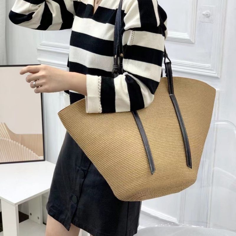 Borsa a tracolla estiva da spiaggia in paglia intrecciata classica da donna, borsa cucita a macchina, tracolla in pelle, portafoglio fatto a mano_voghion.com