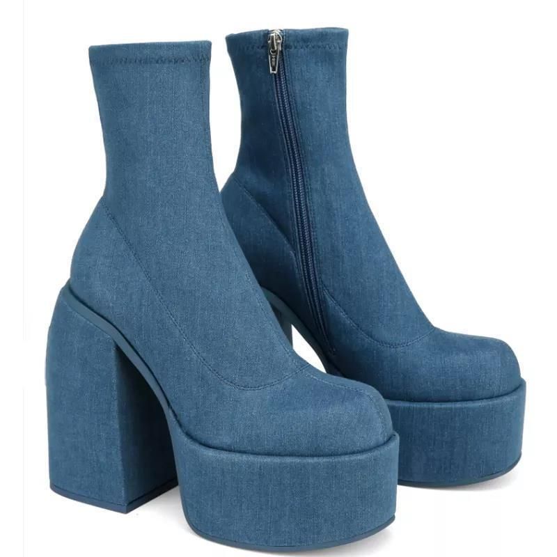 wasserdichte Plattform dicke High Heel seitlichen Reißverschluss Martin Damen große Größe warme Denim kurze elastische Lederstiefel_voghion.com