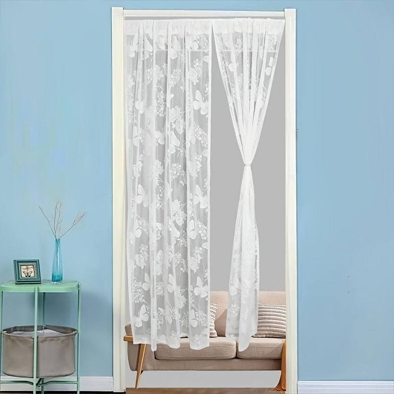 Franse vintage kanten transparante gordijnen met vlindermotief, deur- en raamgordijn zonder boren, verstelbare kamerverdeler - Elegante woondecoratie_voghion.com