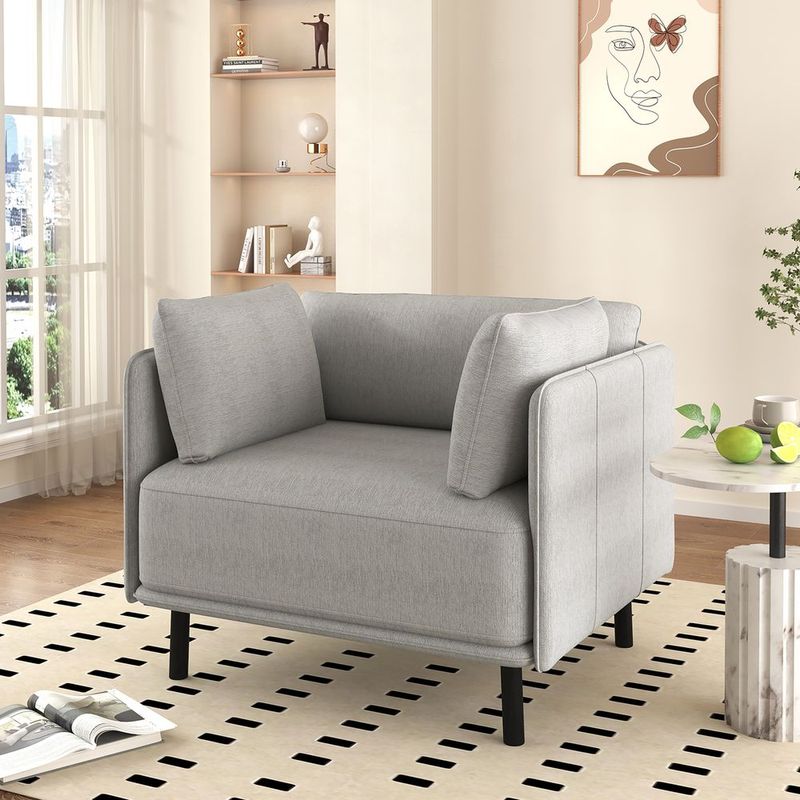 39' Vintage Grey Lounge Chair With Polyester Upholstery, Solid Wood Frame And Steel Legs, Comfortable Accent Seating For Living Room, Bedroom, Or Of_voghion.com
