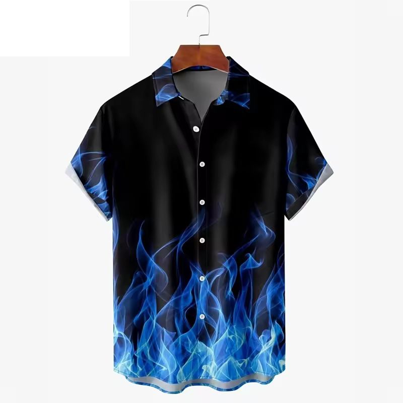 Herrenbekleidung Flammendruck Kurzarmhemd Mode Strandurlaub Revershemd Herren Sommer Button-Down-Hemd_voghion.com