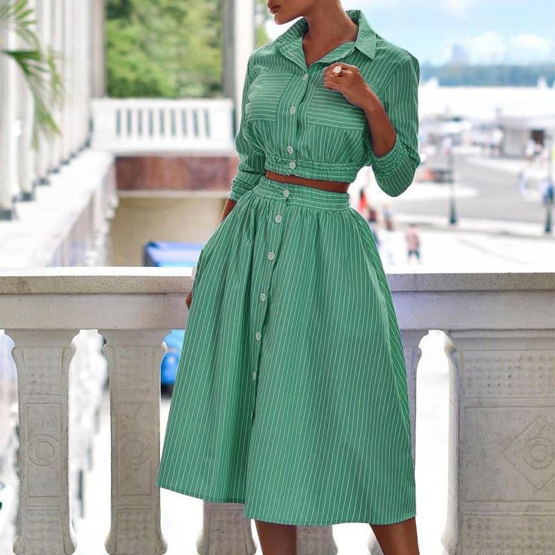 Women's new fashionable long-sleeved striped shirt suit skirt two-piece set_voghion.com