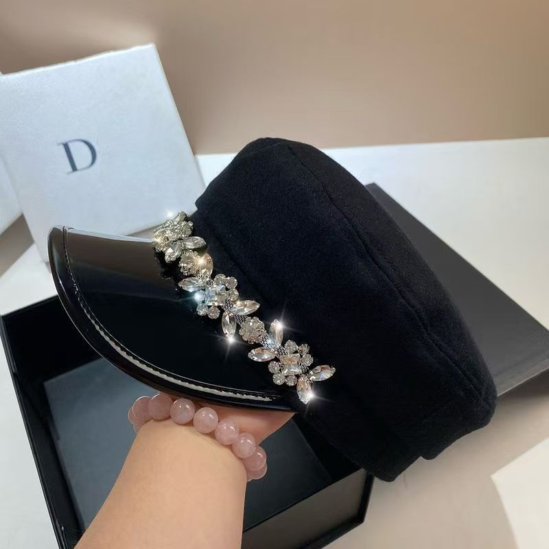 Paris Fashion Light Luxury Rhinestone Navy Autumn And Winter Korean Version High-end Sense Shiny Leather Splicing Wool_voghion.com