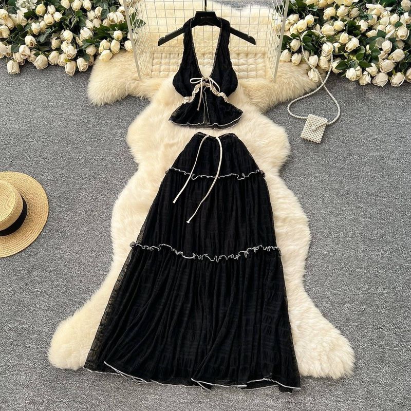 Women's Clothing Pure Desire Holiday Suit Summer Sexy Halter Neck V Neck Backless Chiffon Top High Waist Large Swing Skirt Suit_voghion.com
