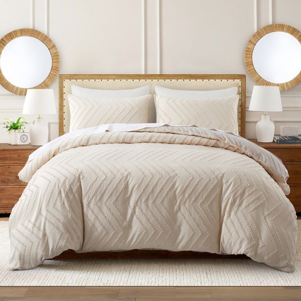 Mjuka fiberbroderade tofsar i vågigt beige geometriskt påslakanset, påslakanset, hemtextil, sängkläder, tredelars set_voghion.com