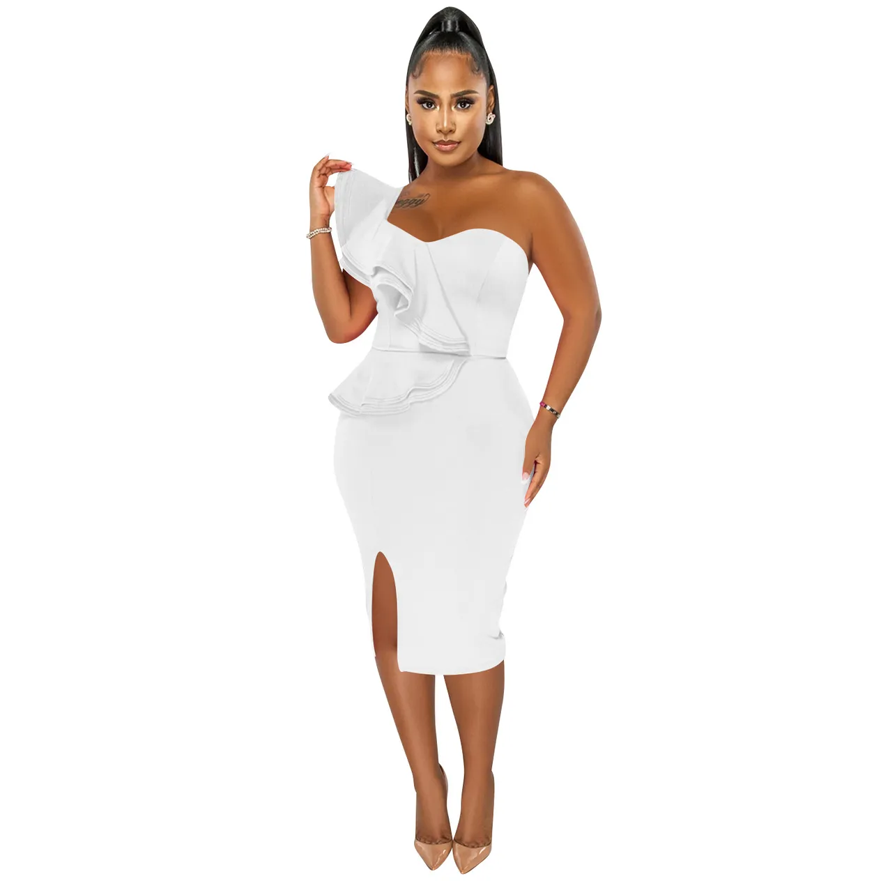 Women's Clothing fashion casual ruffled slit one shoulder sleeve dress women's clothing_voghion.com
