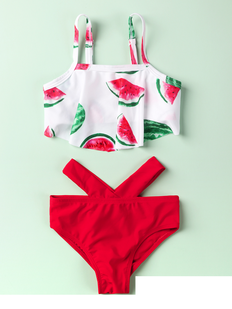 Costum de baie cu imprimeu Halter, două piese, în contrast de culori, stil proaspăt, pentru copii și fete, model Mother&Kids_voghion.com