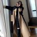 Women's Long Wool Blend Coat - Double-Faced Faux Wool, Color-Block Design, Slim Fit Trench Coat For Elegant Office & Casual Style_voghion.com