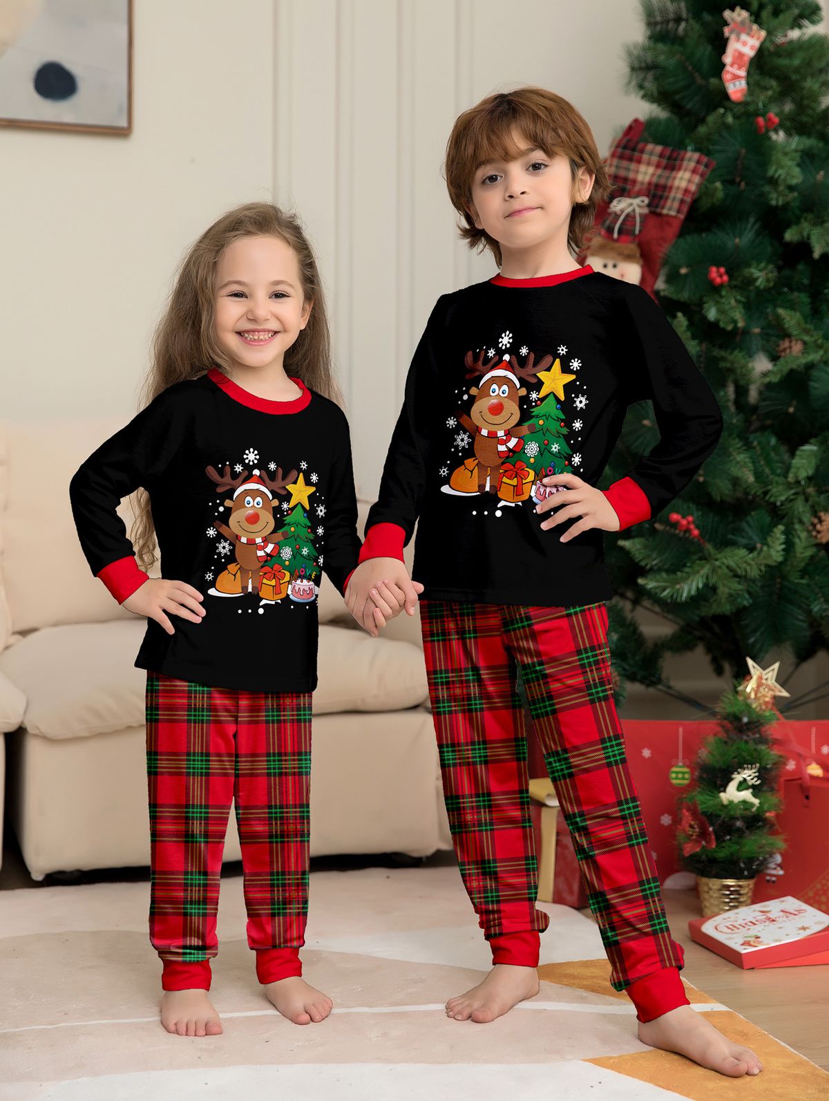 Flame Retardant Fabric Children's Suit 2025 Medium And Small Children's Pajamas Christmas Tree And Beautiful Deer Print Home Clothes_voghion.com