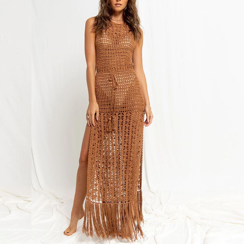 ​​"Elegantes Strandkleid mit Schnürdetail und Fransensaum – Leichter Häkelkimono für Bademode und Sommeroutfits"​​_voghion.com