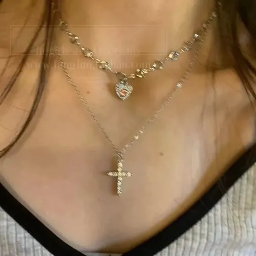 Atmospheric Double Layer Pink Inlaid Heart Necklace Short Sparkling Diamond Choker 2024 New Clavicle Chain Cute_voghion.com