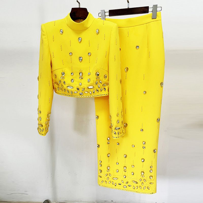 Sfashion New Heavy Beaded Diamond Short Top Long Skirt Suit Two Piece Suit_voghion.com