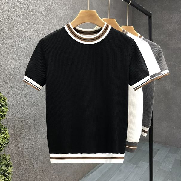 Men's Clothing Summer Comfortable Cool And Breathable Strong Twist Jacquard Texture Contrast Color Knitted T Shirt_voghion.com
