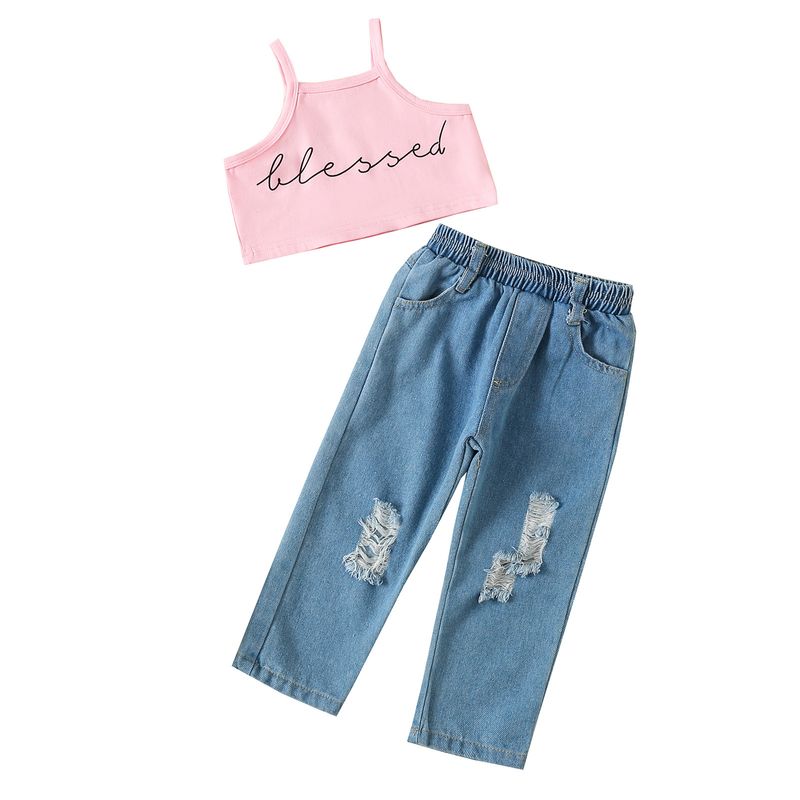 Vêtements pour bébés filles, costume d'été à la mode, gilet court avec lettres, col licou, pantalon déchiré à jambes larges, ensemble deux pièces_voghion.com