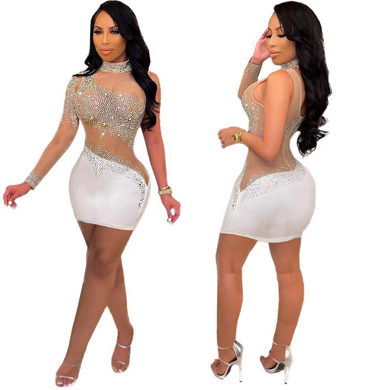 Women's fitted mesh mesh hot diamond high-neck long-sleeved sexy dress_voghion.com