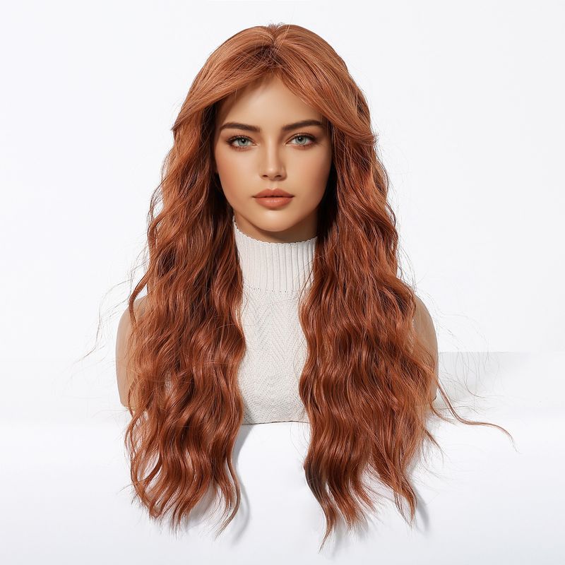 Pelucas sintéticas con clip para mujer, color naranja, cabello largo y rizado, ondas grandes con flequillo, simulación transpirable, cobertura total._voghion.com