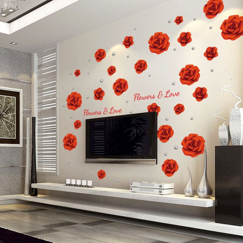 SK9173 Romantic and Warm Red Rose Wedding Bedroom Living Room Background Decoration Self Adhesive Wall Stickers_voghion.com