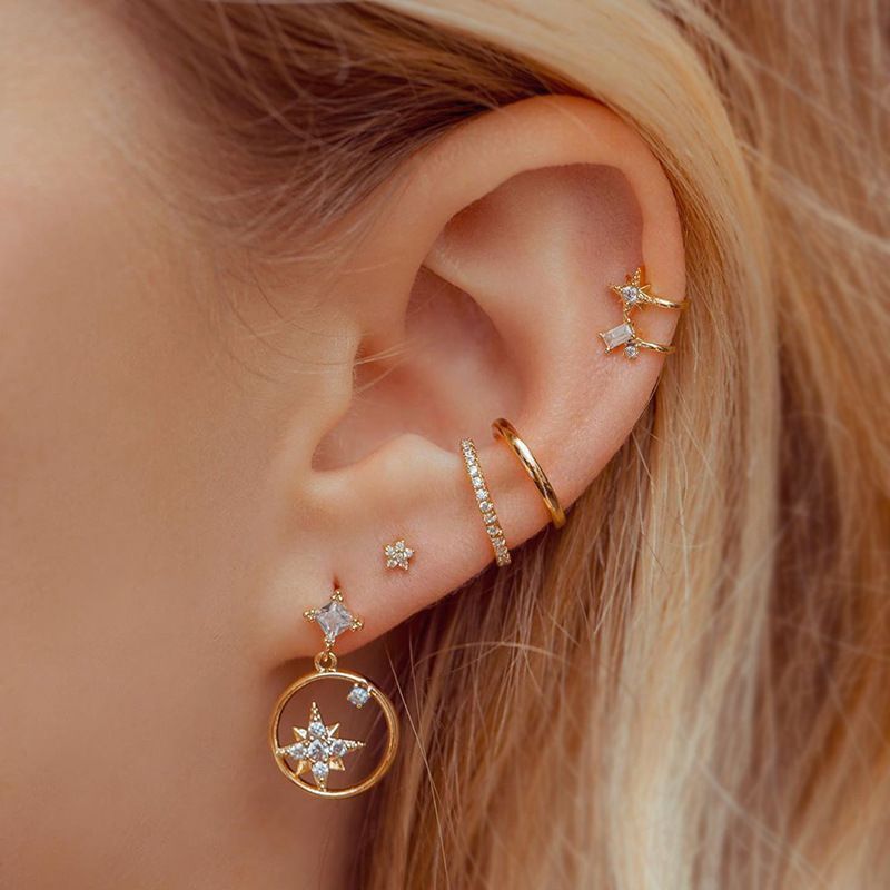 INS Style Romantic Star And Series Zircon Butterfly Moon Universe Single Earring Bone Clip Earrings Jewelry Set_voghion.com