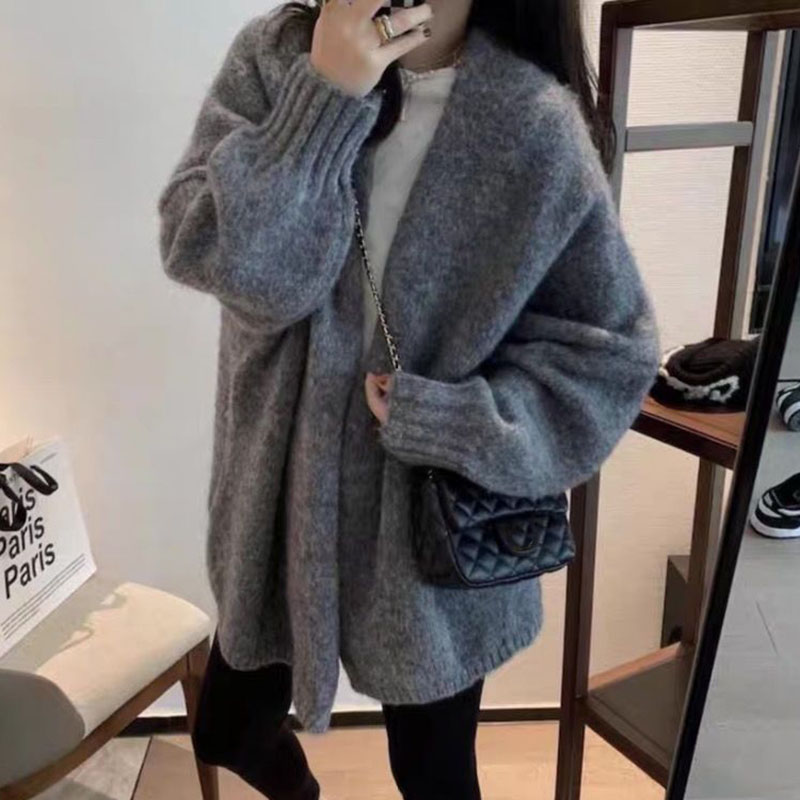 Efterår Vinter Tykke Varm sweater Cardigan Dame Japan Style Lazy Wind Blød strik cardigans Kvinde Grå Khaki Løs_voghion.com