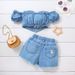 Babykleeder Meedercher Off-the-Shoulder Kuerzärmlech Strap-up Denim Top + Shorts Set_voghion.com
