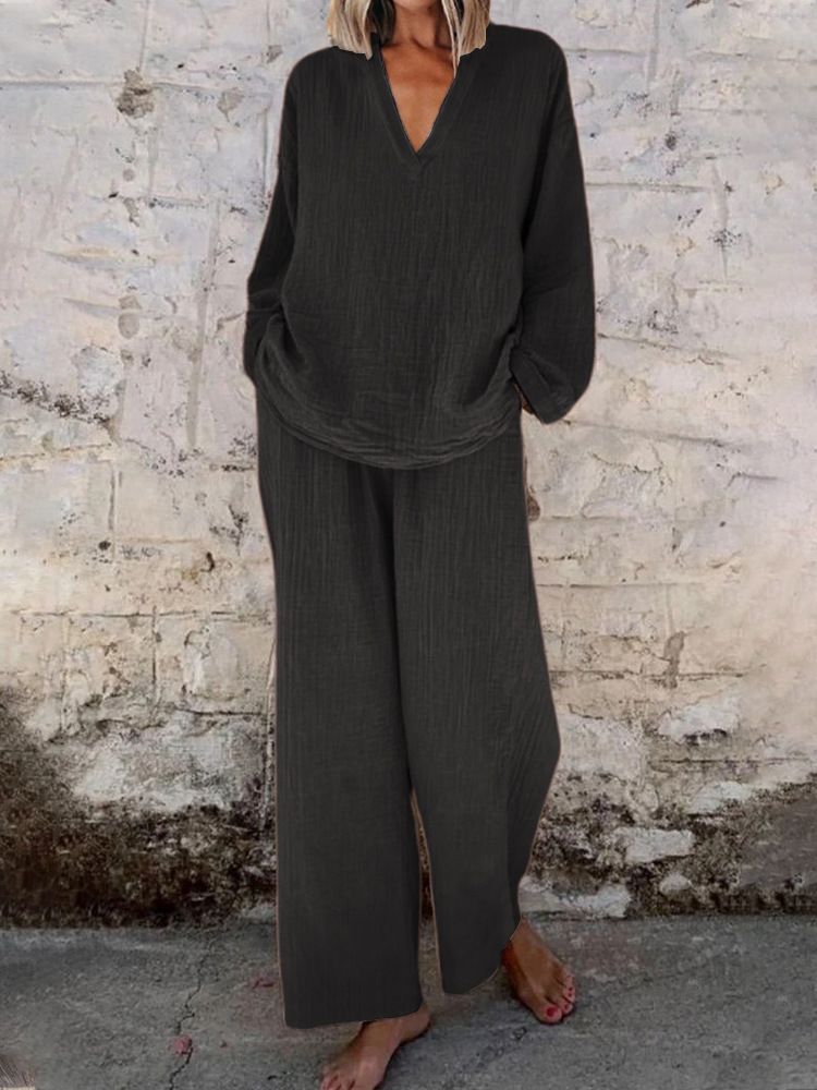 [Cotone e lino] Abbigliamento casual da donna, maglione con scollo a V, maniche lunghe, pantaloni con tasche, abito da donna multicolore in cotone_voghion.com
