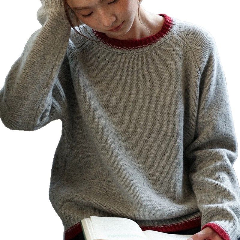 Korean Style Round Neck Color Block Women Long Sleeve Short Knitted Top Niche Design Loose Wool Sweater Base Layer_voghion.com