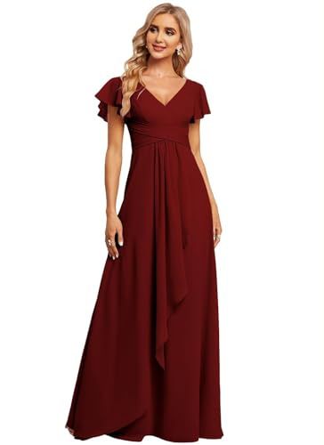 Chiffon Bridesmaid Dress With Split V-neck High Waisted A-line Ballroom Dress_voghion.com