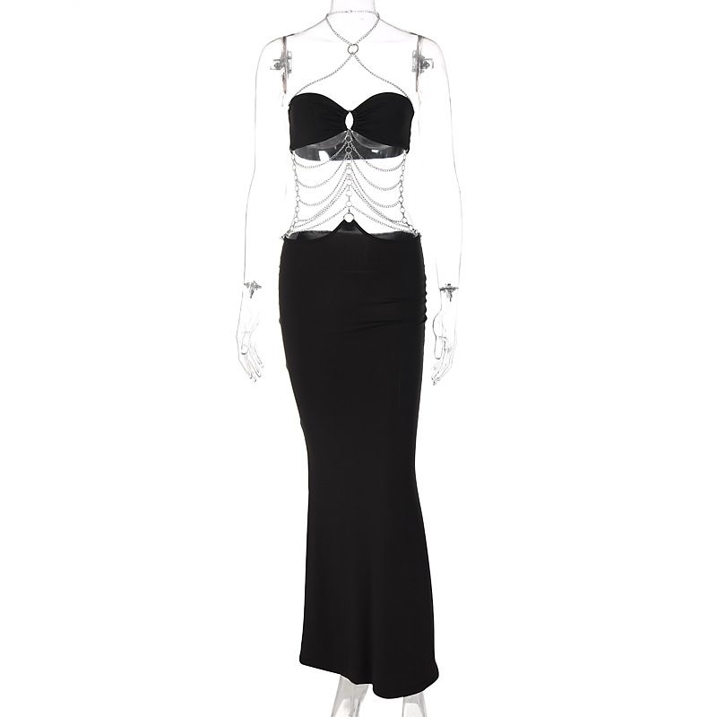 Robe ajourée avec chaîne en métal pour femmes, col licou, enveloppe sur la poitrine_voghion.com
