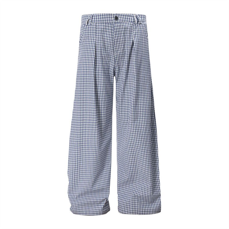 Pantaloni larghi a quadri pregiati da uomo Premium Products, alla moda, con design a pieghe e tasca posteriore con cerniera, gamba larga e dritta._voghion.com