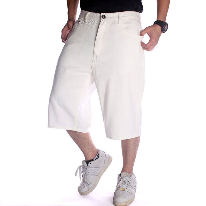 Abbigliamento maschile Lavato Bianco puro Trendy Hip Hop Skateboard Loose Plus Size Hip Hop Jeans Uomo Cropped Mid Pants_voghion.com