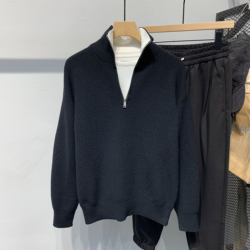 Neuer amerikanischer Retro-Rollkragenpullover für Herren im Herbst und Winter mit halbem Reißverschluss, vielseitiger Langarmpullover mit Bodenbildung_voghion.com