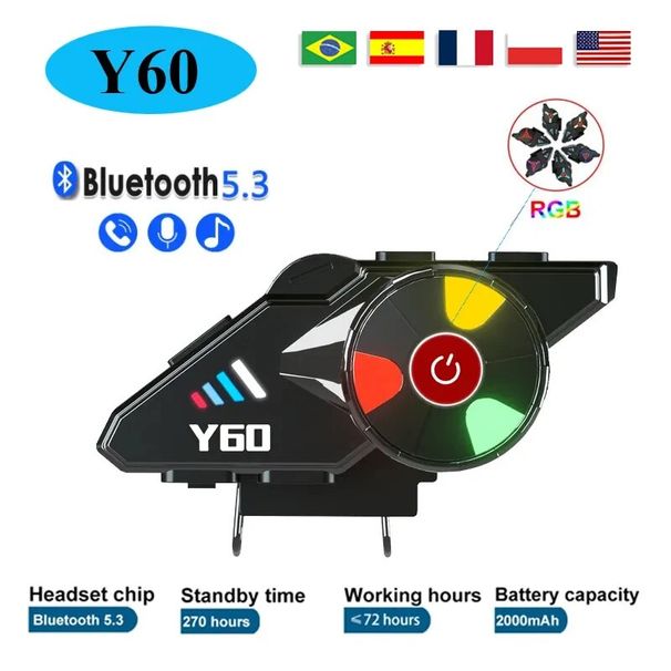 Y60 Motorcycle Helmet Bluetooth Headset Wireless Waterproof Handsfree Call Music V5.3 Earphone Rider Moto Color Light Headphone_voghion.com