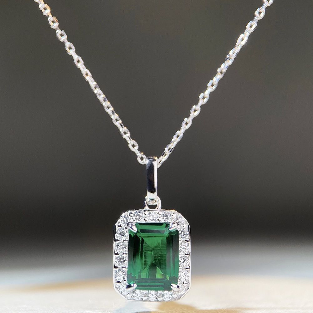 S Pure Silver Emerald Necklace Women's Princess Square Bag Full Diamond Collar Chain Zircon Pendant_voghion.com