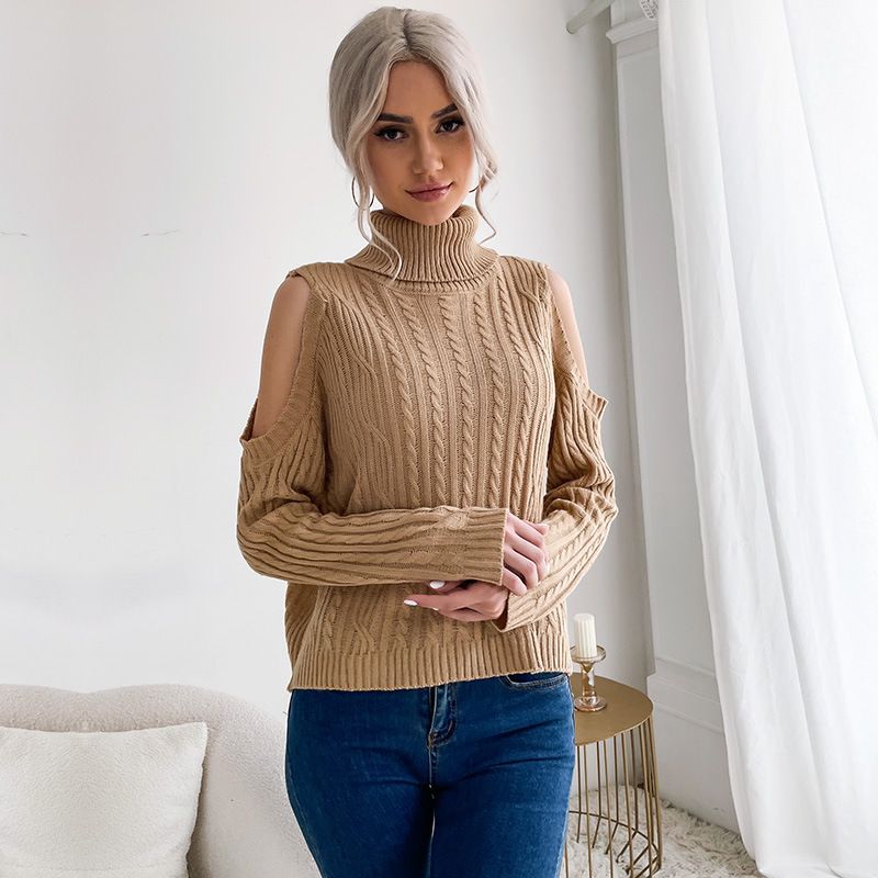 Women's fashion turtleneck solid color long sleeve twist off-the-shoulder sweater_voghion.com