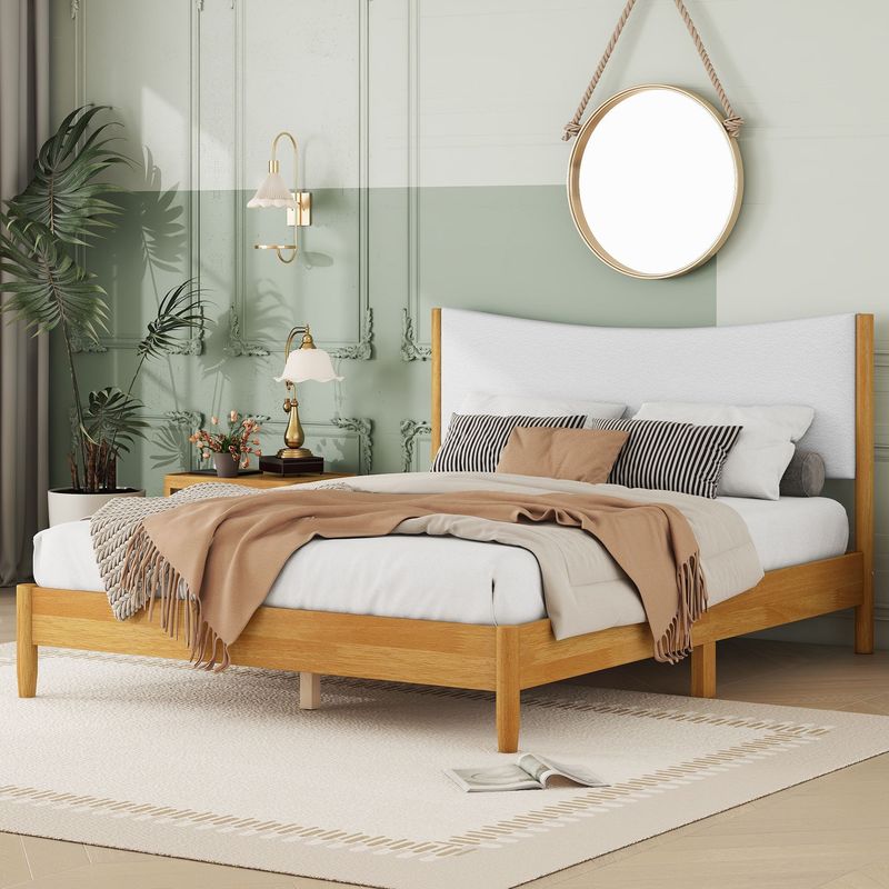 Queen Size Rubber Wooden , Solid Wooden Bed With Teddy Velvet Cushion Upholstered Headboard, Enhanced By Support Feet_voghion.com