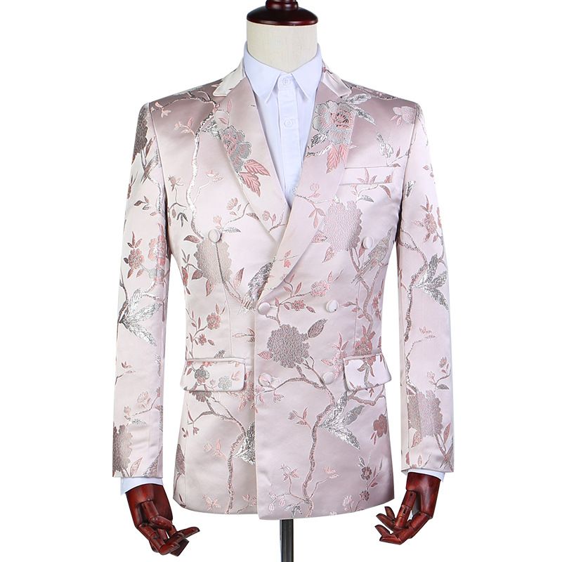 Men's blazer pink printed performance suit stage performance dress suit large size slim suit_voghion.com