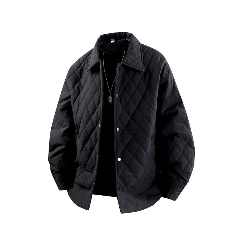 Ropa de hombre. Chaqueta acolchada ligera para hombre con estampado de rombos - Abrigo informal de corte holgado para parejas (Negro, Caqui, Beige, Verde, Morado)_voghion.com