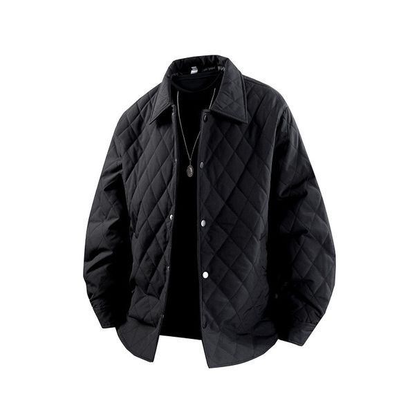 Ropa de hombre. Chaqueta acolchada ligera para hombre con estampado de rombos - Abrigo informal de corte holgado para parejas (Negro, Caqui, Beige, Verde, Morado)_voghion.com