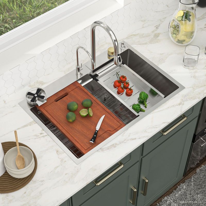 33in. *22in.*10in. Drop In 304 Stainless Steel Workstation Kitchen Sink With Dual Built-in Ledge, Top Mount Single Bowl Workstation Sink With Pull-Out Spray Head Faucet And Rainfall Faucet ,Cup Washer_voghion.com