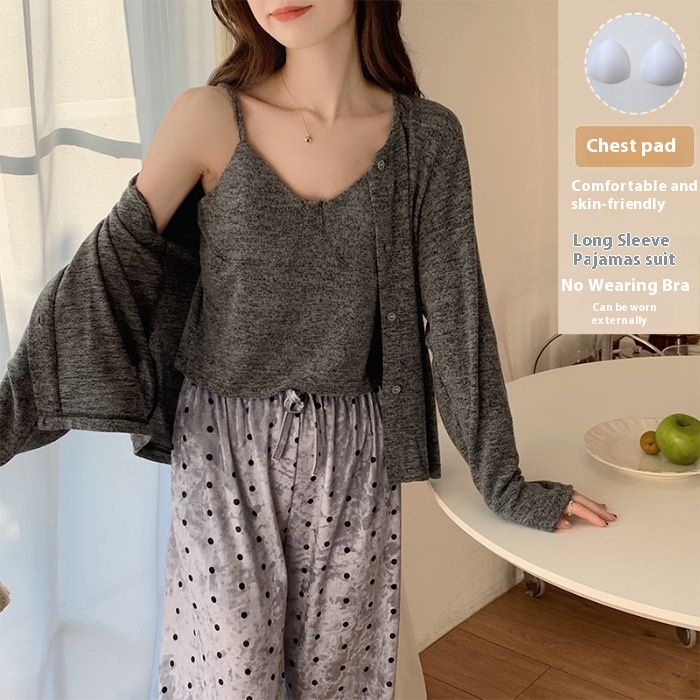 Pure desire storm point suspender chest cushion sleepwear women's autumn and winter brushed modal long sleeved three_voghion.com