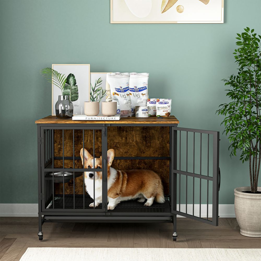 Modern Kennel Dogs Room Up To 60 LB, Dog Crate Furniture With Multi-Purpose Rremovable Ttray, Double-Door Dog House, Lift Panel, 360 Degree Rotation_voghion.com